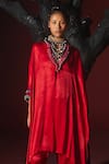 5Elements_Red Modal Saturn Woven Bead V Bhavishya Neckline Embellished Kaftan And Pant Set _at_Aza_Fashions