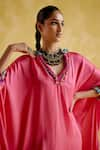 5Elements_Pink Modal Saturn Woven Bead V Neck Bhavishya Thread Kaftan And Pant Set _at_Aza_Fashions