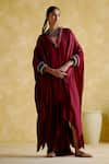 Buy_5Elements_Maroon Modal Saturn Woven Bead V Neck Bhavishya Thread Work Kaftan And Pant Set _at_Aza_Fashions