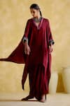 Shop_5Elements_Maroon Modal Saturn Woven Bead V Neck Bhavishya Thread Work Kaftan And Pant Set _Online_at_Aza_Fashions