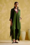 Buy_5Elements_Green Modal Saturn Woven Bead V Neck Bhavishya Threadwork Kaftan And Pant Set _at_Aza_Fashions