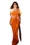 Anshika Tak Label_Orange Crepe Embroidered Stone Tangerine Tango Pre-draped Saree With Blouse _Online_at_Aza_Fashions