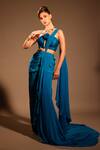 Buy_Anshika Tak Label_Blue Crepe Off-shoulder Sapphire Skies Pre-draped Saree With Blouse _at_Aza_Fashions