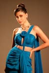 Anshika Tak Label_Blue Crepe Off-shoulder Sapphire Skies Pre-draped Saree With Blouse _Online_at_Aza_Fashions