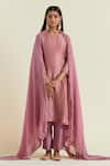 Buy_Ikshita Choudhary_Pink Kurta Shimmer Organza Hand Embroidered Tassel Round A-line Pant Set _at_Aza_Fashions