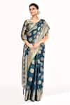 Samyukta Singhania_Blue Viscose Woven Zari V-neck Rosette Saree With Blouse _Online_at_Aza_Fashions