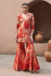 Buy_Archana Shah_Red Silk Zari, Mirrors, Embroidery Scoop Neck Floral Print Kurta And Sharara Set _at_Aza_Fashions