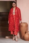 Buy_Archana Shah_Red Bemberg Crepe Printed Floral Jacket Collar Embroidered Pant Set _at_Aza_Fashions