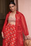 Shop_Archana Shah_Red Bemberg Crepe Printed Floral Jacket Collar Embroidered Pant Set _at_Aza_Fashions