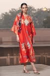 Buy Archana Shah Red Embroidery, Sequins Round Neck Floral Digital Print Kimono Dress at Aza Fashions Buy_Archana Shah_Red Embroidery, Sequins Round Neck Floral Digital Print Kimono Dress _at_Aza_Fashions