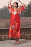 Shop Archana Shah Red Embroidery, Sequins Round Neck Floral Digital Print Kimono Dress Online at Aza Fashions Shop_Archana Shah_Red Embroidery, Sequins Round Neck Floral Digital Print Kimono Dress _Online_at_Aza_Fashions