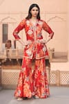 Buy Archana Shah Red Silk Zari, Mirrors, Embroidery V-neck Flower Print Kurta And Sharara Set at Aza Fashions Buy_Archana Shah_Red Silk Zari, Mirrors, Embroidery V-neck Flower Print Kurta And Sharara Set _at_Aza_Fashions