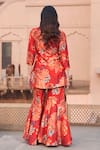 Shop Archana Shah Red Silk Zari, Mirrors, Embroidery V-neck Flower Print Kurta And Sharara Set at Aza Fashions Shop_Archana Shah_Red Silk Zari, Mirrors, Embroidery V-neck Flower Print Kurta And Sharara Set _at_Aza_Fashions