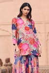 Shop_Archana Shah_Blue Bemberg Silk Printed Floral Scalloped V Flower Pattern Kurta And Sharara Set _at_Aza_Fashions