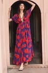 Buy_Archana Shah_Blue Shimmer Georgette Printed Floral Deep V Neck Kaftan _Online_at_Aza_Fashions