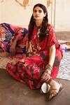 Shop_Archana Shah_Red Bemberg Crepe Print Floral Round Collar Moroccan Top With Pant 