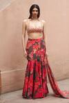 Buy_Archana Shah_Red Bemberg Crepe Print Floral Sweetheart Neck Fishtail Skirt And Blouse Set _at_Aza_Fashions