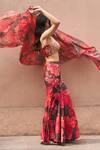 Archana Shah_Red Bemberg Crepe Print Floral Sweetheart Neck Fishtail Skirt And Blouse Set _at_Aza_Fashions