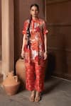 Buy_Archana Shah_Red Bemberg Crepe Print Floral Stand Collar Moroccan Kurta With Pant _at_Aza_Fashions