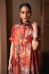 Archana Shah_Red Bemberg Crepe Print Floral Stand Collar Moroccan Kurta With Pant _at_Aza_Fashions