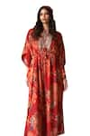 Archana Shah_Red Shimmer Georgette Print Floral Round Moroccan Kaftan _Online_at_Aza_Fashions