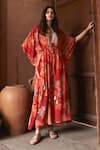 Buy_Archana Shah_Red Shimmer Georgette Print Floral Round Moroccan Kaftan 