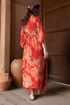 Shop_Archana Shah_Red Shimmer Georgette Print Floral Round Moroccan Kaftan _at_Aza_Fashions