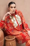 Buy_Archana Shah_Red Bemberg Crepe Print Floral Stand Collar Shirt Tunic With Pant _Online_at_Aza_Fashions