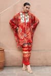 Shop_Archana Shah_Red Bemberg Crepe Print Floral Stand Collar Shirt Tunic With Pant _at_Aza_Fashions