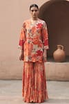 Buy_Archana Shah_Red Bemberg Silk Print Floral V Neck Moroccan Bloom Kurta With Sharara _at_Aza_Fashions