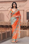 Shop_Archana Shah_Orange Georgette Shimmer Printed Floral Sweetheart Neck Saree With Blouse _at_Aza_Fashions