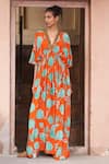 Buy_Archana Shah_Orange Shimmer Georgette Printed Floral V Neck Kaftan _at_Aza_Fashions