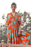 Buy_Archana Shah_Orange Shimmer Georgette Printed Floral V Neck Kaftan _Online_at_Aza_Fashions