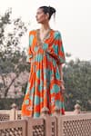 Shop_Archana Shah_Orange Shimmer Georgette Printed Floral V Neck Kaftan _at_Aza_Fashions