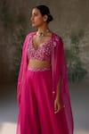 Zoon_Pink Pure Silk Organza Embroidery Aari Jacket Open Border Palazzo Set _Online_at_Aza_Fashions