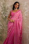 Buy_Zoon_Pink Blouse Flat Chiffon Embroidery Bead Sweetheart Pre-stitched Saree With _Online_at_Aza_Fashions