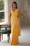 Buy_Zoon_Yellow Blouse Flat Chiffon Embroidery Bead Stripe Pre-stitched Saree With _at_Aza_Fashions