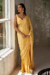 Zoon_Yellow Blouse Flat Chiffon Embroidery Bead Stripe Pre-stitched Saree With _at_Aza_Fashions