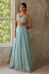 Shop_Zoon_Blue Pure Silk Organza Embroidery Aari Square Neck Work Lehenga Set 