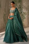 Buy_Zoon_Emerald Green Pure Silk Organza Embroidery Aari Scattered Sequin Skirt Set _at_Aza_Fashions