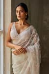 Shop_Zoon_Ivory Saree Pure Silk Organza Embroidery Aari Plunge V Neck With Blouse _Online_at_Aza_Fashions