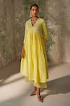 Buy_Zoon_Yellow Kurta Pure Habutai Silk Embroidery Sequin V Floral Pleated Anarkali Set _Online_at_Aza_Fashions