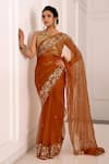 Buy_Gul By Aishwarya_Brown Sil Organza Embroidered Aari Boat Saree With Blouse _at_Aza_Fashions