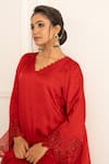 Gul By Aishwarya_Maroon Satin Silk Embroidered Aari V Neck Rose Motif Kurta Pant Set _Online_at_Aza_Fashions