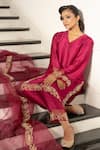 Shop_Gul By Aishwarya_Pink Kurta And Pant Satin Silk Embroidered Aari V Neck Floral Set _at_Aza_Fashions