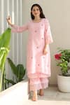 Shop_ASRUMO_Pink Cotton Gauze Embroidery Thread Bloom Round Neck And Lace Kurta Pant Set _Online_at_Aza_Fashions