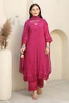 Buy_ASRUMO_Pink Cotton Gauze Embroidery Lace Leaf Neck Rosalia Embellished Kurta Pant Set _at_Aza_Fashions