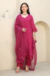 ASRUMO_Pink Cotton Gauze Embroidery Lace Leaf Neck Rosalia Embellished Kurta Pant Set _Online_at_Aza_Fashions