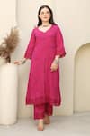 Buy_ASRUMO_Pink Cotton Gauze Embroidery Lace Leaf Neck Rosalia Embellished Kurta Pant Set _Online_at_Aza_Fashions