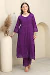 Buy_ASRUMO_Purple Cotton Gauze Embroidery Lace Leaf Neck Flora Embellished Kurta Pant Set _Online_at_Aza_Fashions